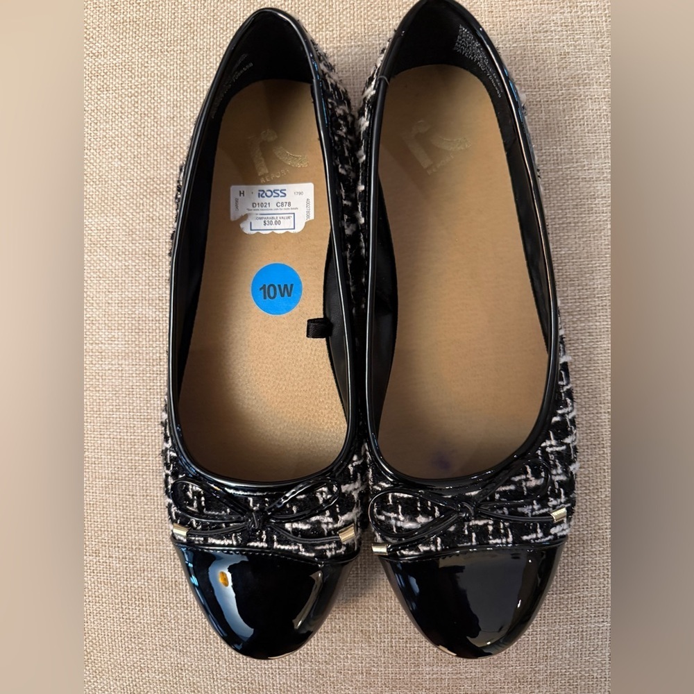 Elegant Black and White Houndstooth Boucle Bow Detail Women's Ballet Style Flats